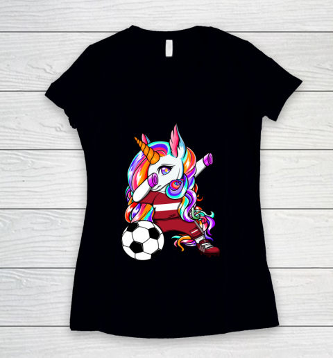 Dabbing Unicorn Latvia Soccer Fans Jersey Latvian Football Women's V-Neck T-Shirt