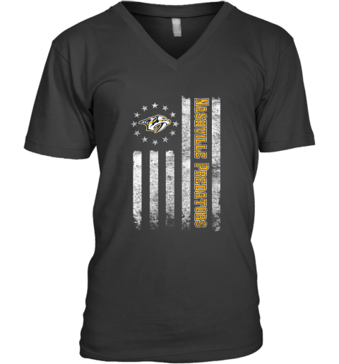 NHL American Flag Hockey Sports Nashville Predators V-Neck T-Shirt