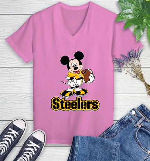 NFL Football Pittsburgh Steelers Cheerful Mickey Mouse Shirt Women's V-Neck T-Shirt 12