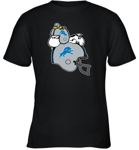 Snoopy And Woodstock Resting On Detroit Lions Helmet Youth T-Shirt