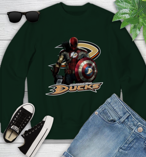 NHL Captain America Thor Spider Man Hawkeye Avengers Endgame Hockey Anaheim Ducks Youth Sweatshirt 10