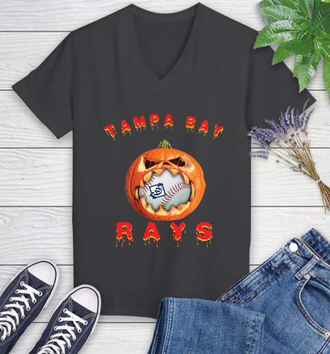 MLB Tampa Bay Rays Halloween Pumpkin Baseball Sports Women's V-Neck T-Shirt 8