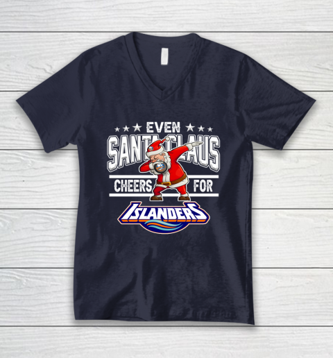 New York Islanders Even Santa Claus Cheers For Christmas NHL V-Neck T-Shirt 2