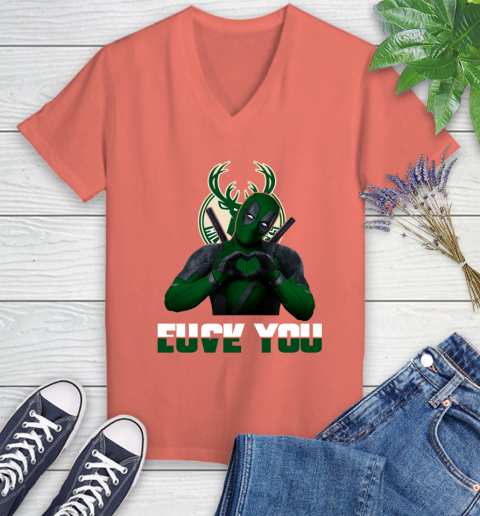 NBA Milwaukee Bucks Deadpool Love You Fuck You Basketball Sports Women's V-Neck T-Shirt 6