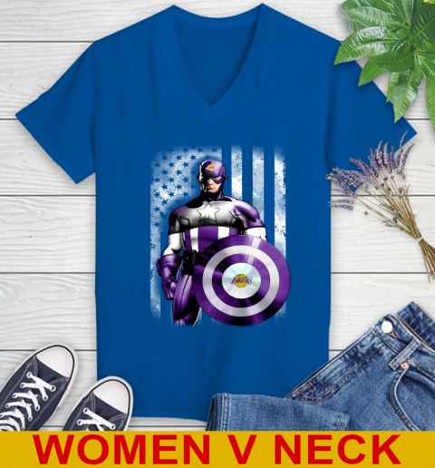 Los Angeles Lakers NBA Basketball Captain America Marvel Avengers American Flag Shirt Women's V-Neck T-Shirt 9