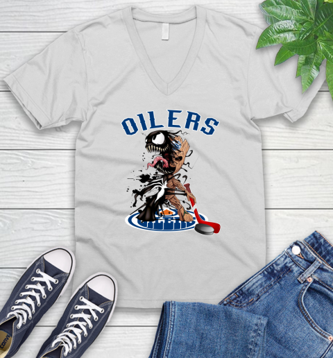 NHL Edmonton Oilers Hockey Venom Groot Guardians Of The Galaxy V-Neck T-Shirt