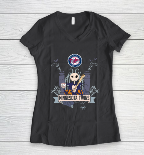 MLB Minnesota Twins Baseball Jack Skellington Halloween Women's V-Neck T-Shirt 6