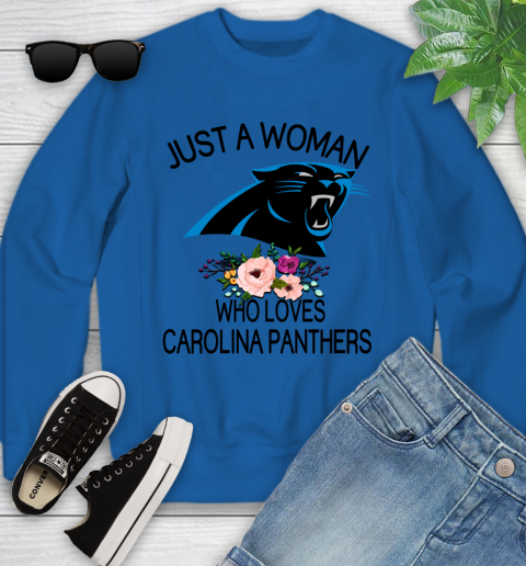 NFL Just A Woman Who Loves Carolina Panthers Football Sports Youth Sweatshirt 4