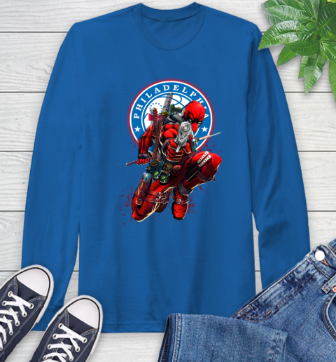 NBA Deadpool Marvel Comics Sports Basketball Philadelphia 76ers Long Sleeve T-Shirt 9