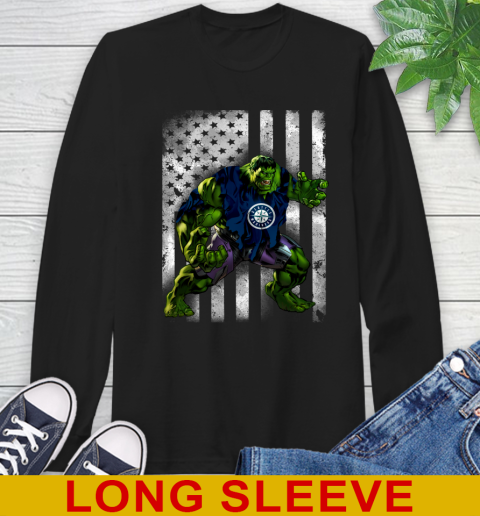 Seattle Mariners Hulk Marvel Avengers MLB Baseball American Flag Long Sleeve T-Shirt