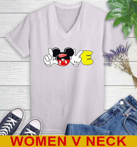 Detroit Red Wings NHL Hockey Love Mickey Disney Sports Women's V-Neck T-Shirt