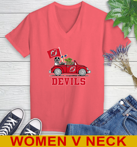 NHL Hockey New Jersey Devils Darth Vader Baby Yoda Driving Star Wars Shirt Women's V-Neck T-Shirt 7