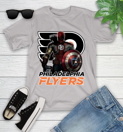 NHL Captain America Thor Spider Man Hawkeye Avengers Endgame Hockey Philadelphia Flyers Youth T-Shirt 12