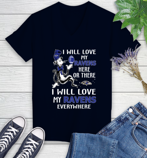 NFL Football Baltimore Ravens I Will Love My Ravens Everywhere Dr Seuss Shirt Women's V-Neck T-Shirt 2