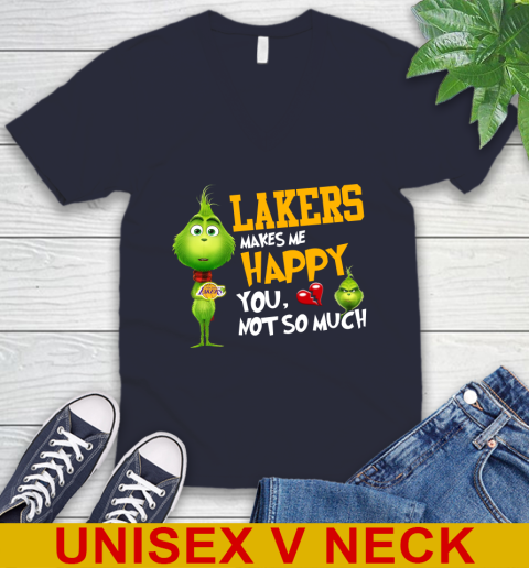 NBA Los Angeles Lakers Makes Me Happy You Not So Much Grinch Basketball Sports V-Neck T-Shirt 2