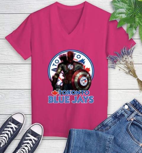 MLB Captain America Thor Spider Man Hawkeye Avengers Endgame Baseball Toronto Blue Jays Women's V-Neck T-Shirt 9