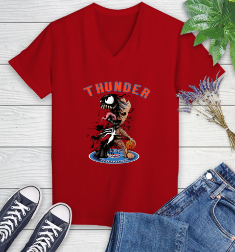 NBA Oklahoma City Thunder Basketball Venom Groot Guardians Of The Galaxy Women's V-Neck T-Shirt 12
