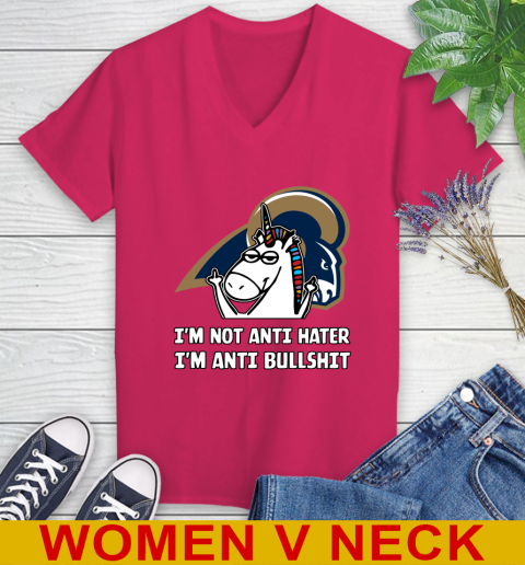 Los Angeles Rams NFL Football Unicorn I'm Not Anti Hater I'm Anti Bullshit Women's V-Neck T-Shirt 10
