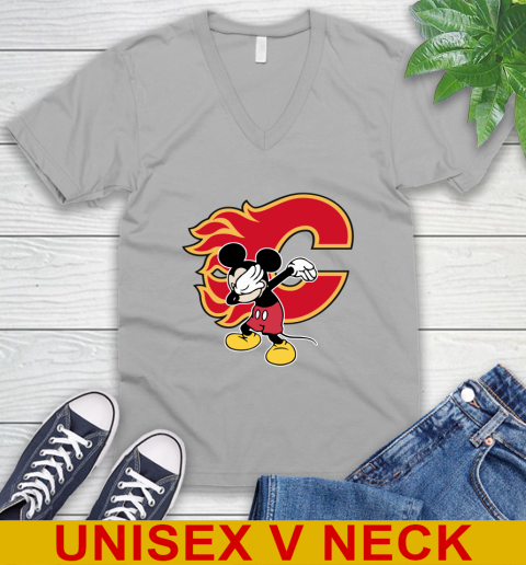 Calgary Flames NHL Hockey Dabbing Mickey Disney Sports V-Neck T-Shirt 4