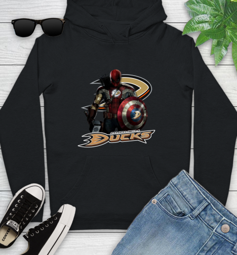 NHL Captain America Thor Spider Man Hawkeye Avengers Endgame Hockey Anaheim Ducks Youth Hoodie 2