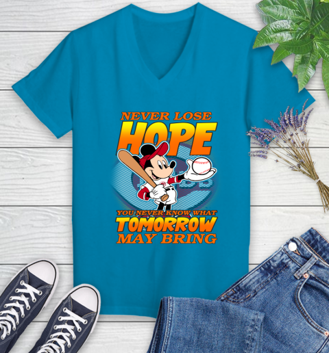 Cincinnati Reds MLB Baseball Mickey Disney Never Lose Hope Women's V-Neck T-Shirt 7
