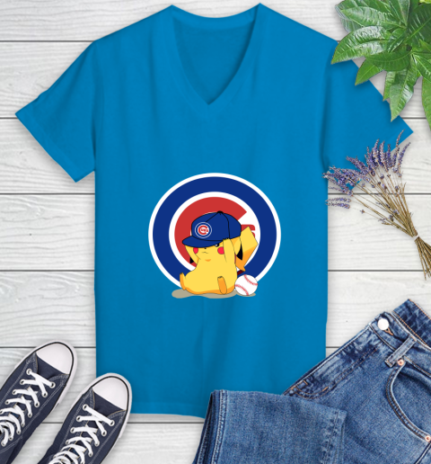 MLB Pikachu Baseball Sports Chicago Cubs Women's V-Neck T-Shirt 7