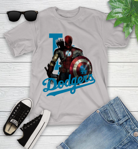 MLB Captain America Thor Spider Man Hawkeye Avengers Endgame Baseball Los Angeles Dodgers Youth T-Shirt 12