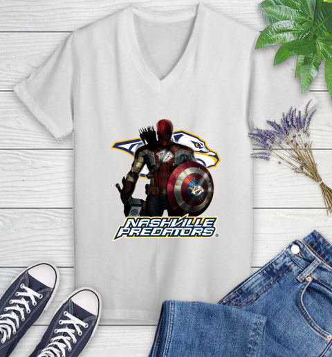 NHL Captain America Thor Spider Man Hawkeye Avengers Endgame Hockey Nashville Predators Women's V-Neck T-Shirt