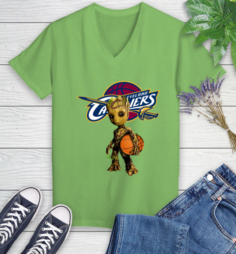 Cleveland Cavaliers NBA Basketball Groot Marvel Guardians Of The Galaxy Women's V-Neck T-Shirt 11