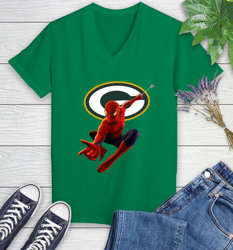 NFL Spider Man Avengers Endgame Football Green Bay Packers Women's V-Neck T-Shirt 5