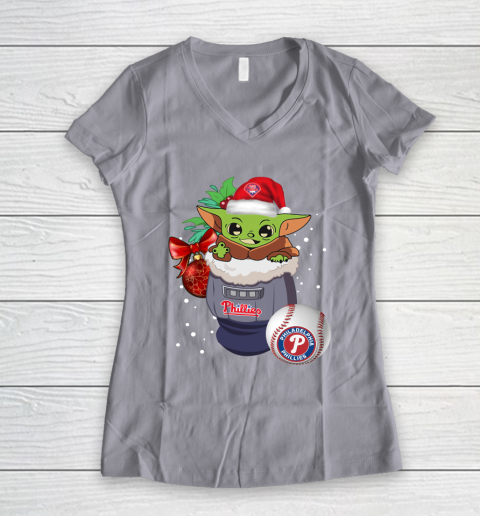 Philadelphia Phillies Christmas Baby Yoda Star Wars Funny Happy MLB Women's V-Neck T-Shirt 4
