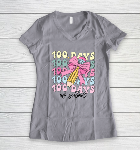 100 Days of School Girls Coquette Bow 100th Day of School Women's V-Neck T-Shirt 2