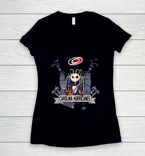NHL Carolina Hurricanes Hockey Jack Skellington Halloween Women's V-Neck T-Shirt