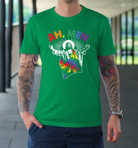 Ah Men Funny LGBT Gay Pride Jesus Rainbow Flag Christian T-Shirt 5
