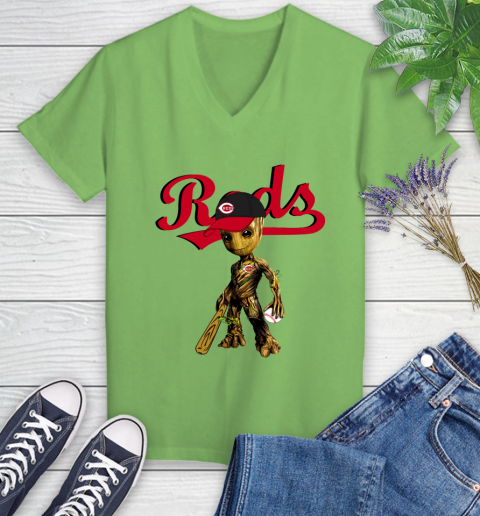 MLB Cincinnati Reds Groot Guardians Of The Galaxy Baseball Women's V-Neck T-Shirt 11