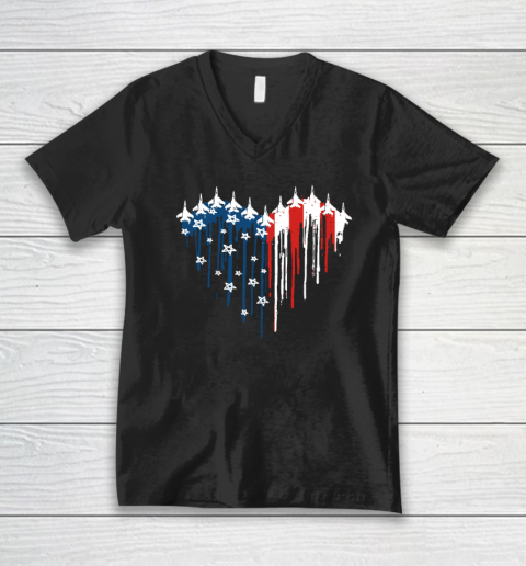 Retro Fighter Jet Airplane American Flag Heart 4th Of July V-Neck T-Shirt