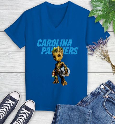 Carolina Panthers NFL Football Groot Marvel Guardians Of The Galaxy Women's V-Neck T-Shirt 10