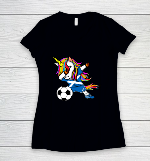 Dabbing Unicorn Scotland Football Scottish Flag Soccer Women's V-Neck T-Shirt