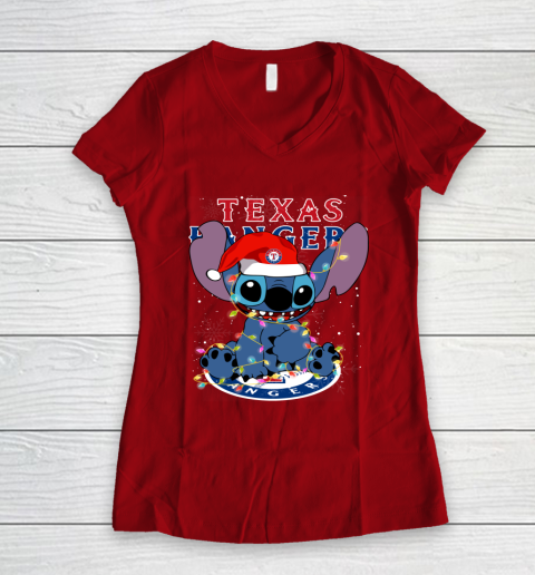 Texas Rangers MLB noel stitch Baseball Christmas Women's V-Neck T-Shirt 6