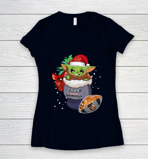Cincinnati Bengals Christmas Baby Yoda Star Wars Funny Happy NFL Women's V-Neck T-Shirt 3