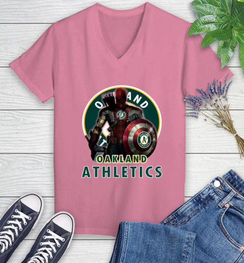 MLB Captain America Thor Spider Man Hawkeye Avengers Endgame Baseball Oakland Athletics Women's V-Neck T-Shirt 13