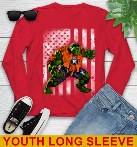 Houston Astros Hulk Marvel Avengers MLB Baseball American Flag Youth Long Sleeve - Image 12