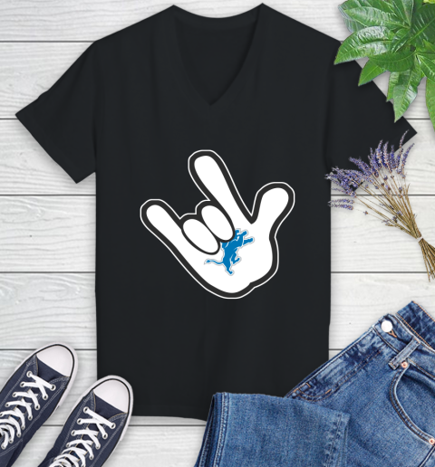 Detroit Lions NFL Football Mickey Rock Hand Disney Women's V-Neck T-Shirt 2
