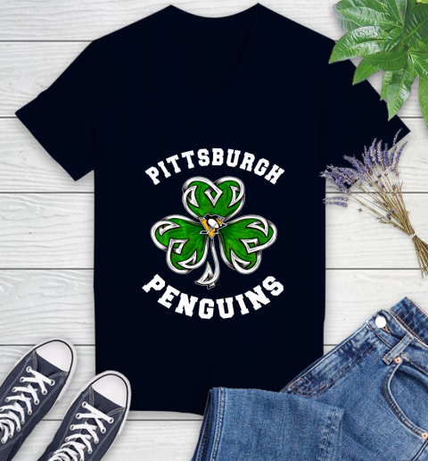 NHL Pittsburgh Penguins Three Leaf Clover St Patrick's Day Hockey Sports Women's V-Neck T-Shirt 2