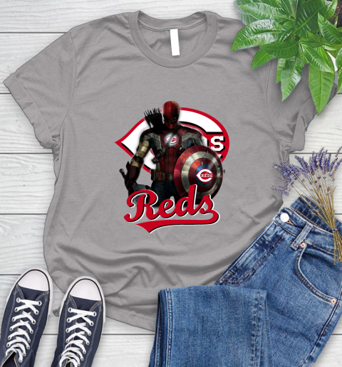MLB Captain America Thor Spider Man Hawkeye Avengers Endgame Baseball Cincinnati Reds Women's T-Shirt 5