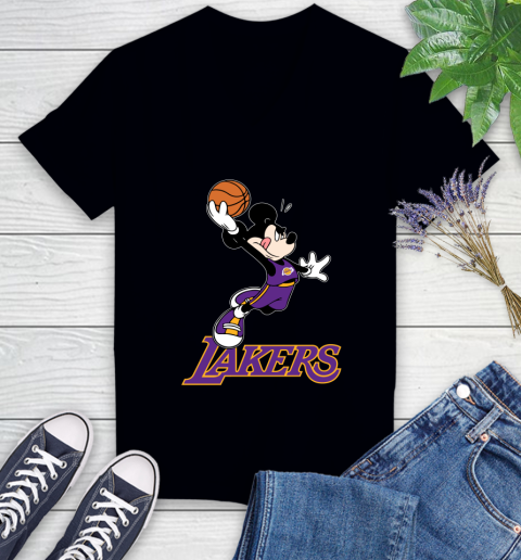 NBA Basketball Los Angeles Lakers Cheerful Mickey Mouse Shirt Women's V-Neck T-Shirt