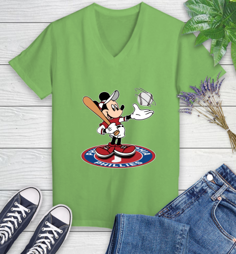 MLB Baseball Philadelphia Phillies Cheerful Mickey Disney Shirt Women's V-Neck T-Shirt 9