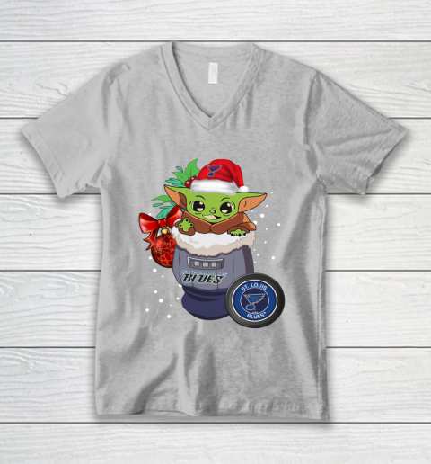 St.Louis Blues Christmas Baby Yoda Star Wars Funny Happy NHL V-Neck T-Shirt 4