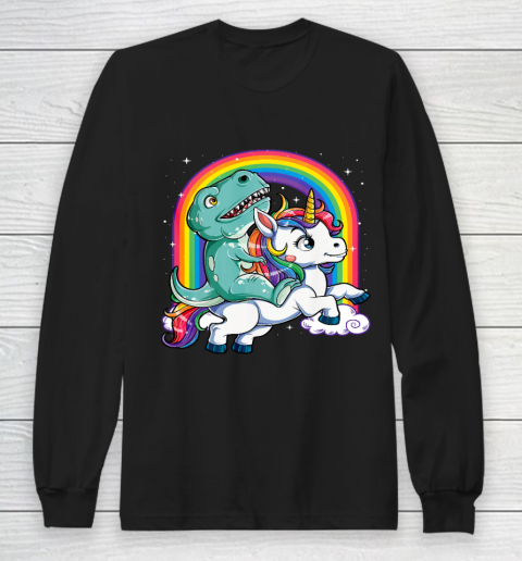 Dinosaur Riding Unicorn T Shirt Kids Men Rainbow Gifts T rex Long Sleeve T-Shirt