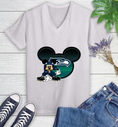 NFL Seattle Seahawks Mickey Mouse Disney Football T Shirt Women's V-Neck T-Shirt
